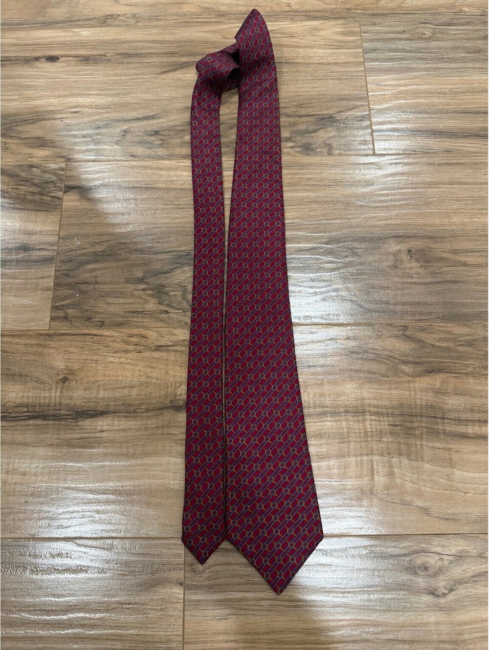 Lanvin Paris Silk Tie Red Blue Gold Chain Link Pattern Made in France